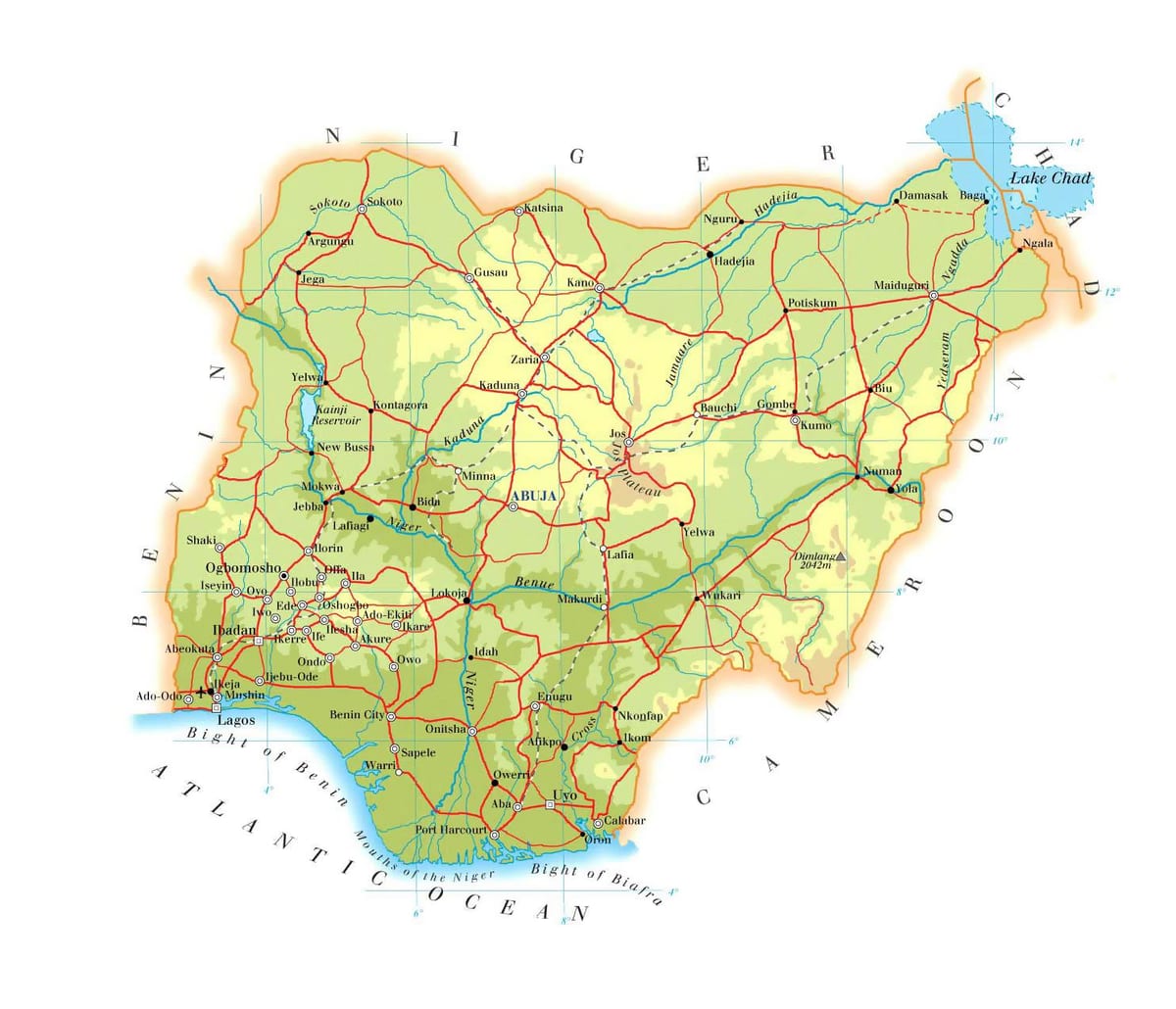 Karta över fysiska nigeria