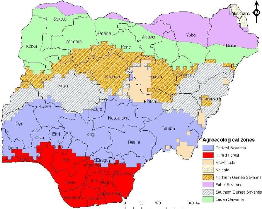 Karta över nigeria som visar ekologiska zoner