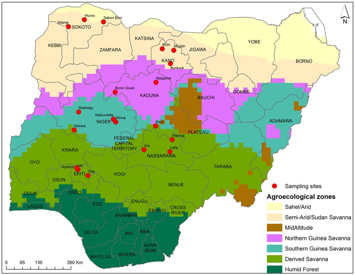 karta över nigeria visar gröda distribution
