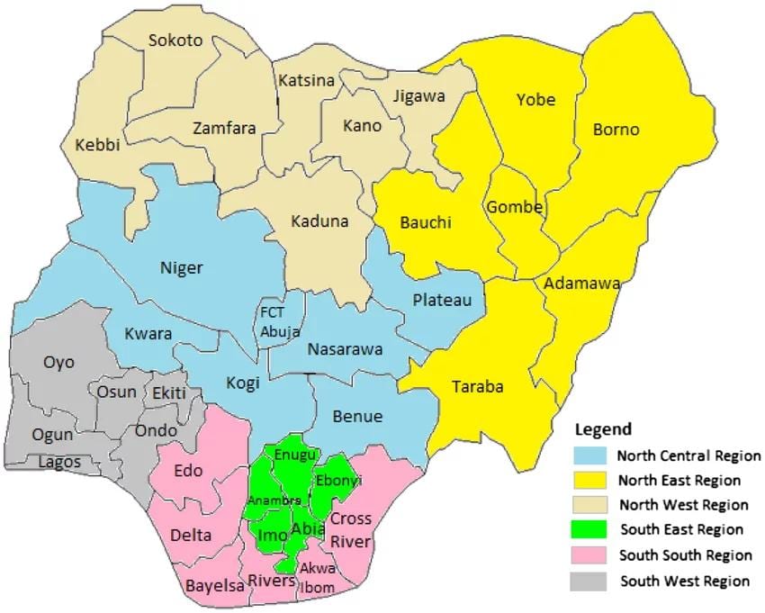 Karta över nigeria visar den geopolitiska områden