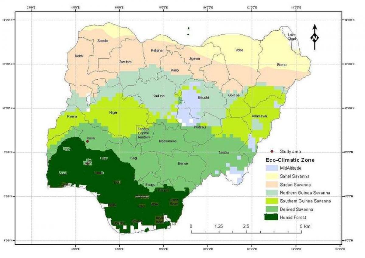 Karta över nigeria visar klimatzonen