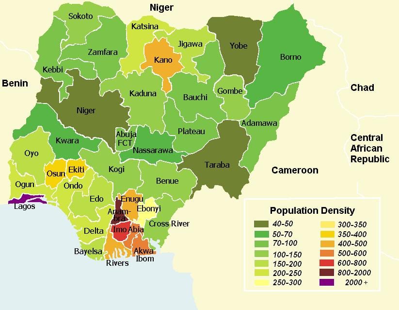 nigeria befolkningstäthet karta