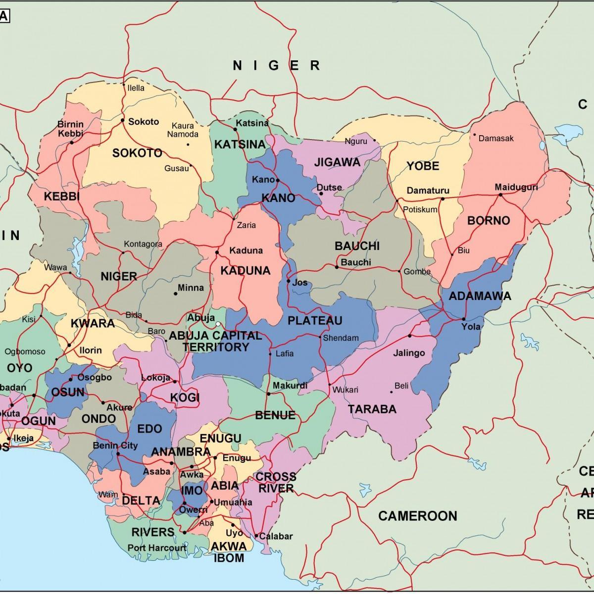 Karta över nigeria med stater och städer