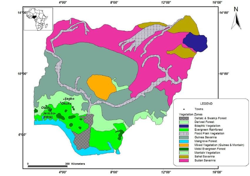 karta över nigeria visar vegetation