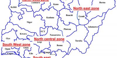 Karta över nigeria och visar sex geopolitiska områden
